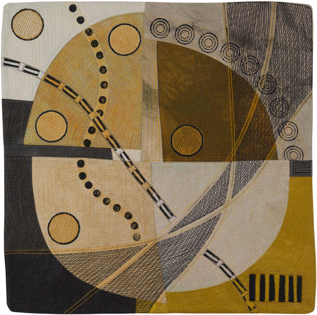 Neutrals, black, mustard with stitched and painted circles. Title: To the Top. Textile Painting / Art Quilt by Lisa Call
