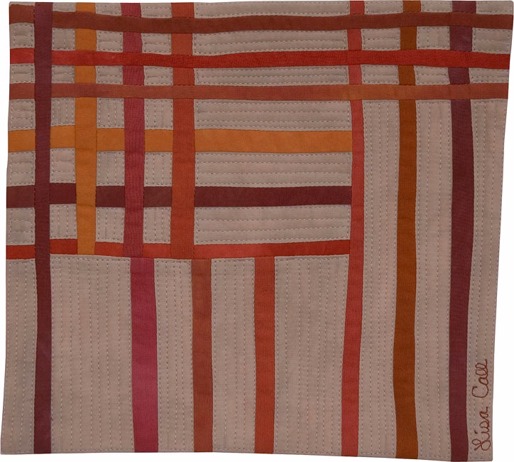 Structures #18 by Lisa Call - Grand Canyon textile art inspiration, soft reds and floating lines, 8x9 inches, 2003