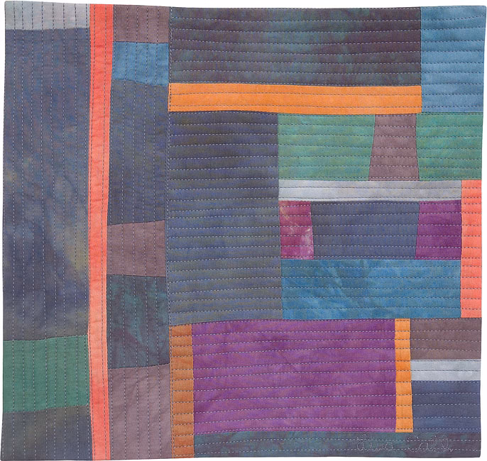 Structures #21 - Grand Canyon textile art inspiration meets urban contrast, return to Denver, 12x12 inches, 2003 - artwork by Lisa Call