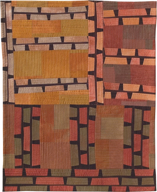 Structures #23 - Grand Canyon textile art inspiration, sunrise shadows and brick wall motif, 34x28 inches, 2003, by Lisa Call